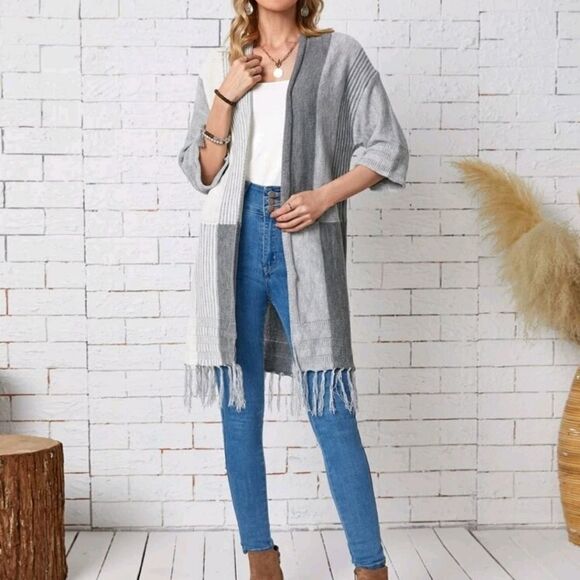Colorblock Tassel Hem Drop Shoulder Cardigan - Picture 4 of 5